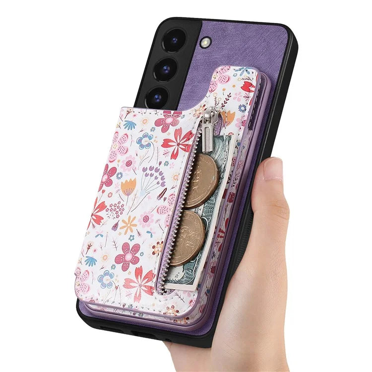 D10 Phone Cover for Samsung Galaxy S22 5G Colorful Printed Card Holder Zipper Design Back Shell