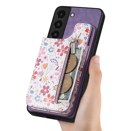D10 Phone Cover for Samsung Galaxy S22 5G Colorful Printed Card Holder Zipper Design Back Shell