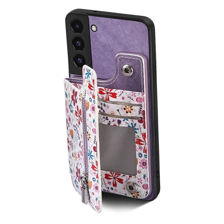 D10 Phone Cover for Samsung Galaxy S22 5G Colorful Printed Card Holder Zipper Design Back Shell