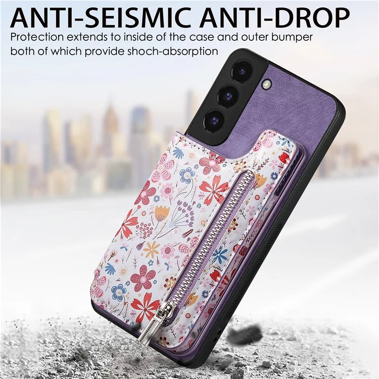 D10 Phone Cover for Samsung Galaxy S22 5G Colorful Printed Card Holder Zipper Design Back Shell