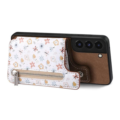 D10 Phone Cover for Samsung Galaxy S22 5G Colorful Printed Card Holder Zipper Design Back Shell