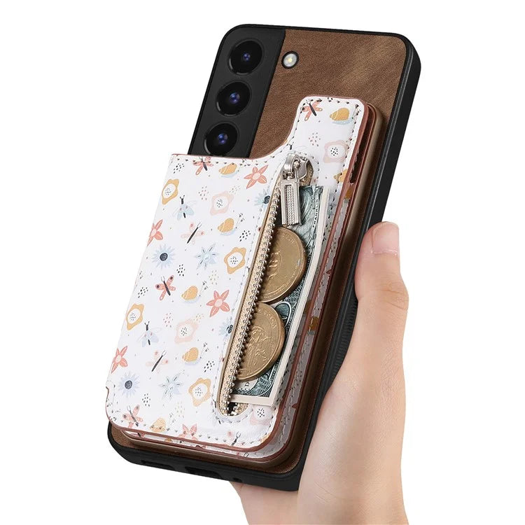 D10 Phone Cover for Samsung Galaxy S22 5G Colorful Printed Card Holder Zipper Design Back Shell
