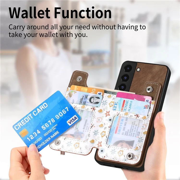 D10 Phone Cover for Samsung Galaxy S22 5G Colorful Printed Card Holder Zipper Design Back Shell