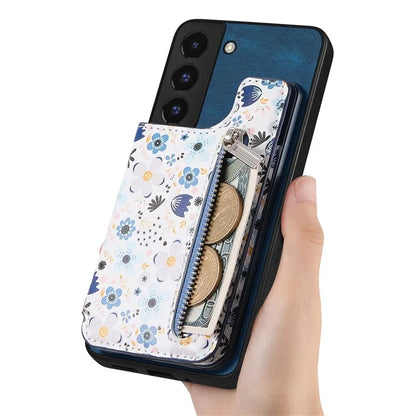 D10 Phone Cover for Samsung Galaxy S22 5G Colorful Printed Card Holder Zipper Design Back Shell