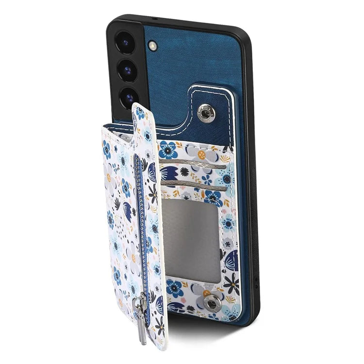 D10 Phone Cover for Samsung Galaxy S22 5G Colorful Printed Card Holder Zipper Design Back Shell