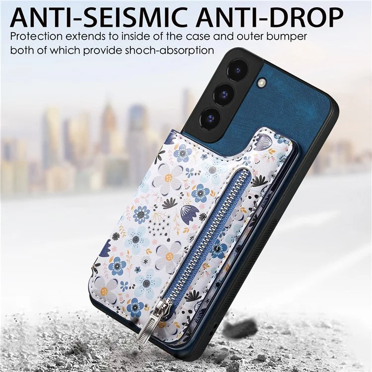 D10 Phone Cover for Samsung Galaxy S22 5G Colorful Printed Card Holder Zipper Design Back Shell