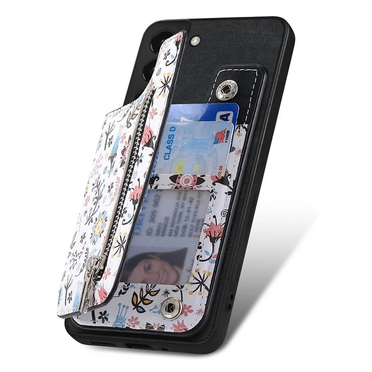 D10 Phone Cover for Samsung Galaxy S22 5G Colorful Printed Card Holder Zipper Design Back Shell
