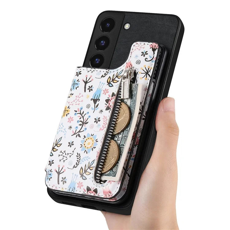 D10 Phone Cover for Samsung Galaxy S22 5G Colorful Printed Card Holder Zipper Design Back Shell