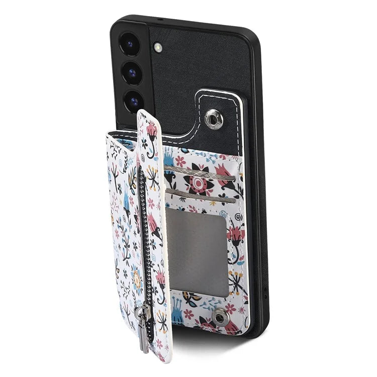 D10 Phone Cover for Samsung Galaxy S22 5G Colorful Printed Card Holder Zipper Design Back Shell