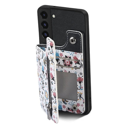 D10 Phone Cover for Samsung Galaxy S22 5G Colorful Printed Card Holder Zipper Design Back Shell