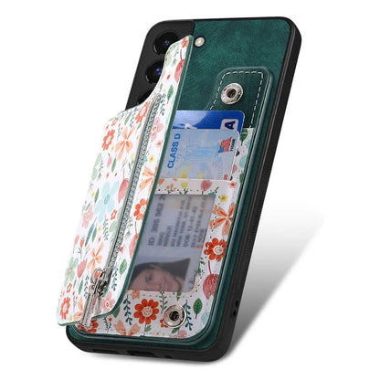 D10 Phone Cover for Samsung Galaxy S22 5G Colorful Printed Card Holder Zipper Design Back Shell