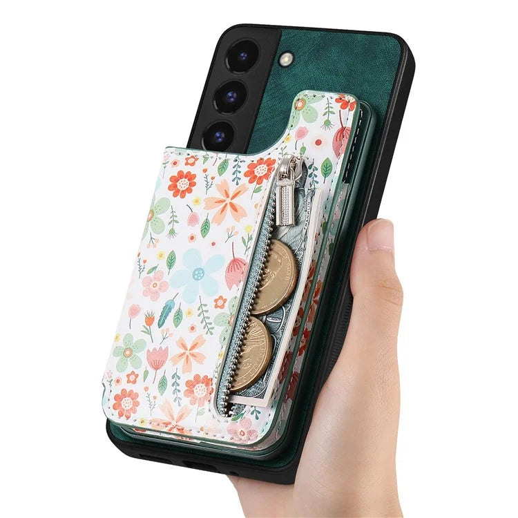 D10 Phone Cover for Samsung Galaxy S22 5G Colorful Printed Card Holder Zipper Design Back Shell