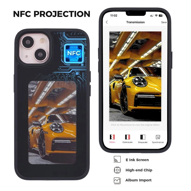 INKZONE For iPhone 13 / 14 Case PC+TPU 4-Color E Ink Case DIY Smart Display Customized Phone Cover