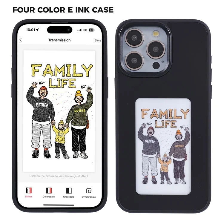 INKZONE For iPhone 15 Pro Case PC+TPU 4-Color E Ink Case DIY Smart Display Customized Phone Cover