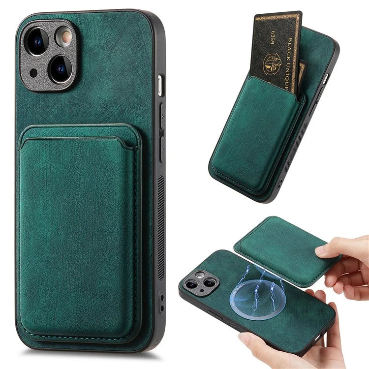 D12 For iPhone 13 Magnetic Card Holder Case Leather + TPU Vintage Phone Cover