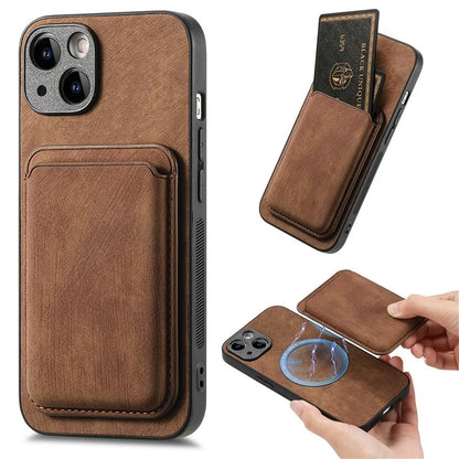 D12 For iPhone 15 Case Leather + TPU Vintage Phone Cover with Magnetic Card Holder