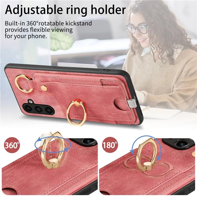 D6 For Samsung Galaxy M15 5G Kickstand Case Leather Phone Protective Shell Retro Card Holder
