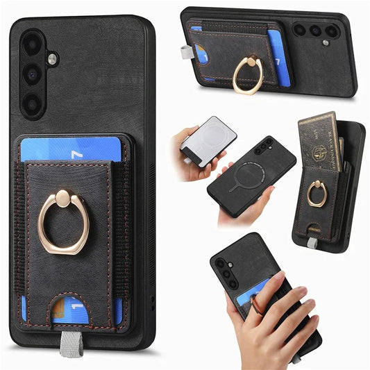 D7 For Samsung Galaxy M15 5G Magnetic Case Retro Detachable Card Holder Phone Shell