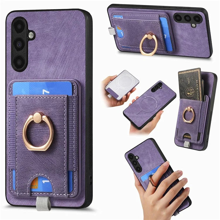 D7 For Samsung Galaxy M15 5G Magnetic Case Retro Detachable Card Holder Phone Shell