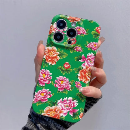 For iPhone 13 Pro Max 6.7 inch PC Case Chinese Elements Flower Pattern Protective Phone Cover