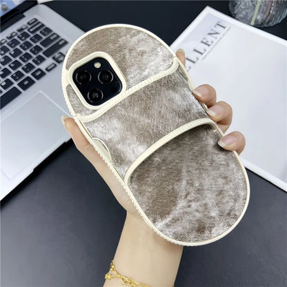 For iPhone 12 Pro Max Kickstand Case Denim Slipper Design Mirror Function TPU Phone Cover