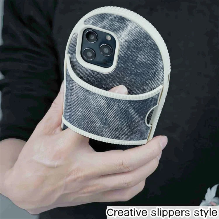 For iPhone 12 Pro Max Kickstand Case Denim Slipper Design Mirror Function TPU Phone Cover