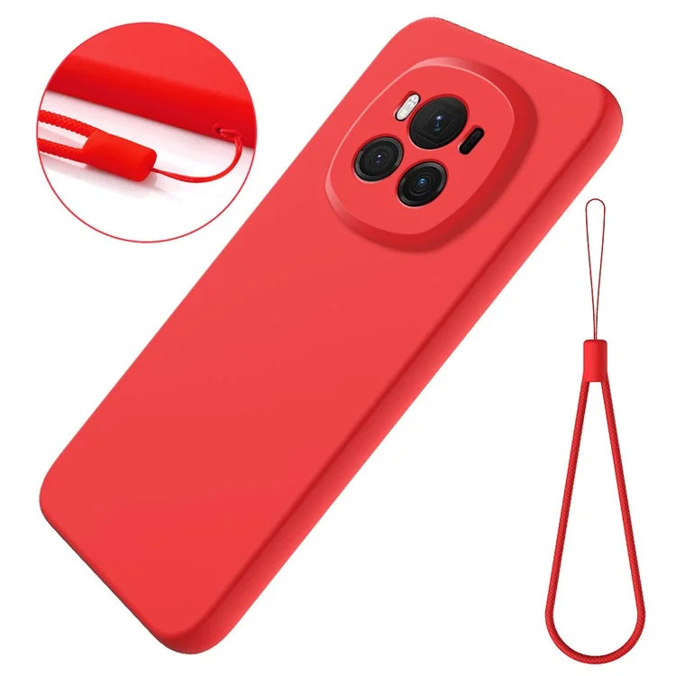 For Honor Magic6 5G Cell Phone Case Solid Color Liquid Silicone Anti-scratch Cover with Strap