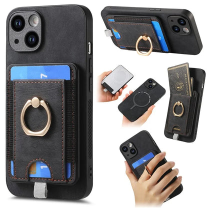 D7 For iPhone 13 6.1 inch  Magnetic Phone Case Ring Kickstand PU Leather Coated TPU Cover