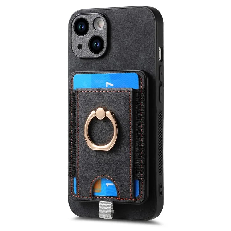 D7 For iPhone 13 6.1 inch  Magnetic Phone Case Ring Kickstand PU Leather Coated TPU Cover