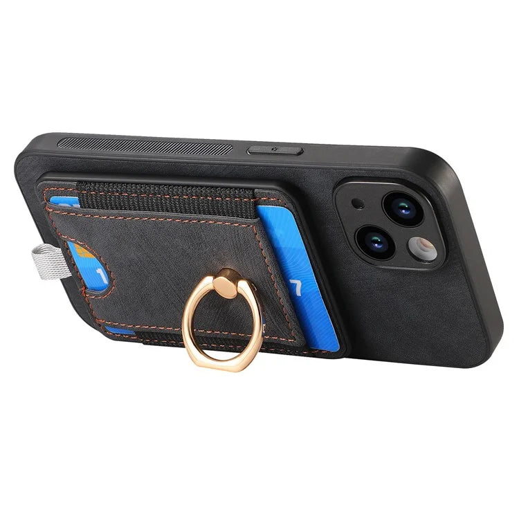 D7 For iPhone 13 6.1 inch  Magnetic Phone Case Ring Kickstand PU Leather Coated TPU Cover