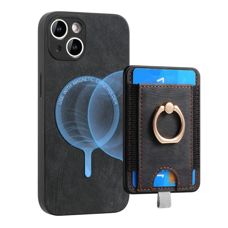 D7 For iPhone 13 6.1 inch  Magnetic Phone Case Ring Kickstand PU Leather Coated TPU Cover
