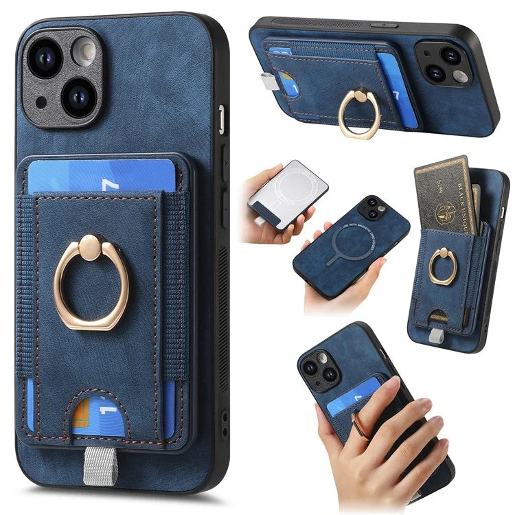 D7 For iPhone 13 6.1 inch  Magnetic Phone Case Ring Kickstand PU Leather Coated TPU Cover