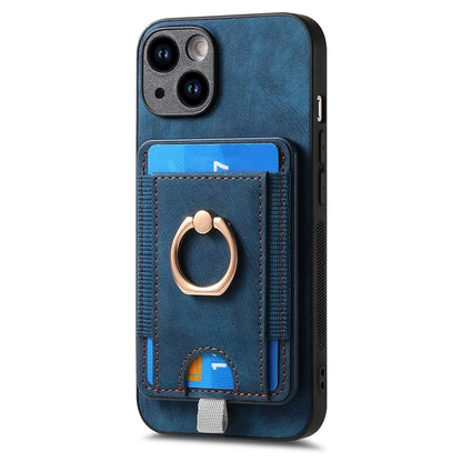 D7 For iPhone 13 6.1 inch  Magnetic Phone Case Ring Kickstand PU Leather Coated TPU Cover