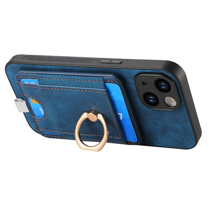 D7 For iPhone 13 6.1 inch  Magnetic Phone Case Ring Kickstand PU Leather Coated TPU Cover
