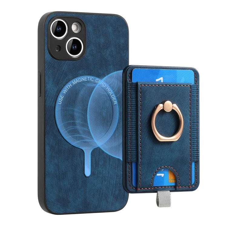 D7 For iPhone 13 6.1 inch  Magnetic Phone Case Ring Kickstand PU Leather Coated TPU Cover