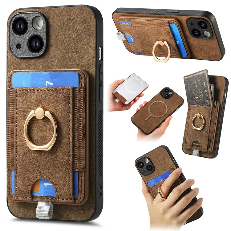 D7 For iPhone 13 6.1 inch  Magnetic Phone Case Ring Kickstand PU Leather Coated TPU Cover