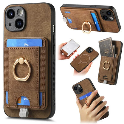 D7 For iPhone 13 6.1 inch  Magnetic Phone Case Ring Kickstand PU Leather Coated TPU Cover