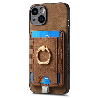 D7 For iPhone 13 6.1 inch  Magnetic Phone Case Ring Kickstand PU Leather Coated TPU Cover