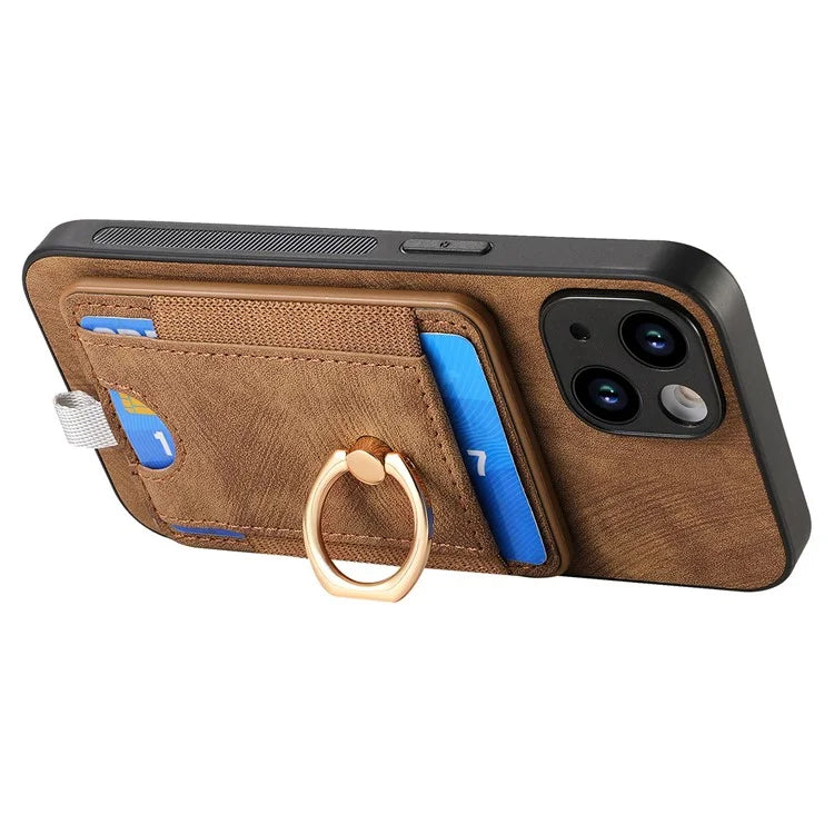D7 For iPhone 13 6.1 inch  Magnetic Phone Case Ring Kickstand PU Leather Coated TPU Cover