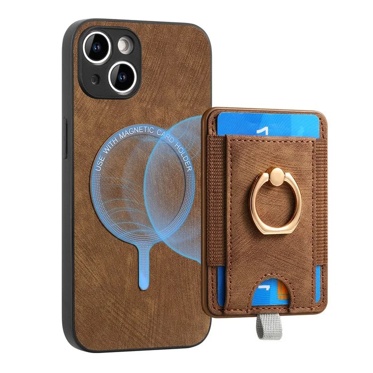 D7 For iPhone 13 6.1 inch  Magnetic Phone Case Ring Kickstand PU Leather Coated TPU Cover