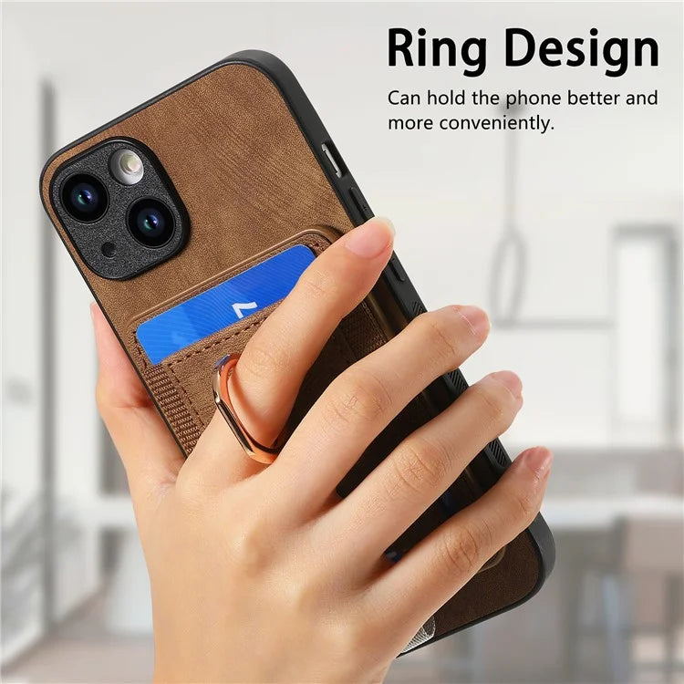 D7 For iPhone 13 6.1 inch  Magnetic Phone Case Ring Kickstand PU Leather Coated TPU Cover