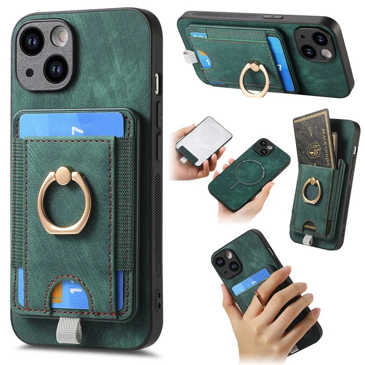 D7 For iPhone 13 6.1 inch  Magnetic Phone Case Ring Kickstand PU Leather Coated TPU Cover