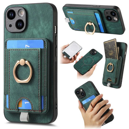 D7 For iPhone 13 6.1 inch  Magnetic Phone Case Ring Kickstand PU Leather Coated TPU Cover