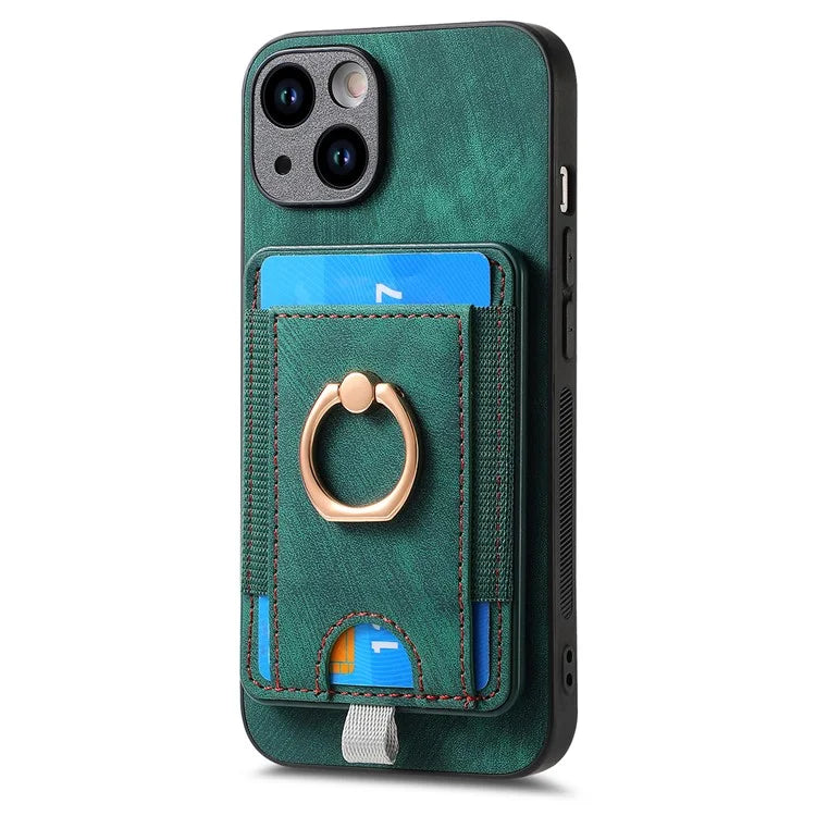 D7 For iPhone 13 6.1 inch  Magnetic Phone Case Ring Kickstand PU Leather Coated TPU Cover