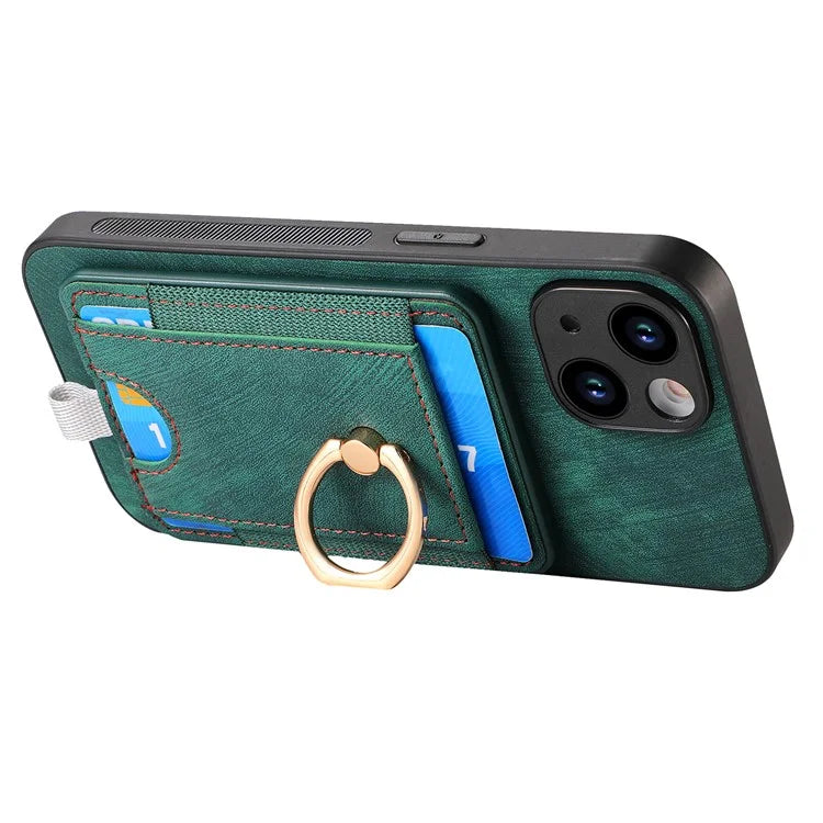 D7 For iPhone 13 6.1 inch  Magnetic Phone Case Ring Kickstand PU Leather Coated TPU Cover