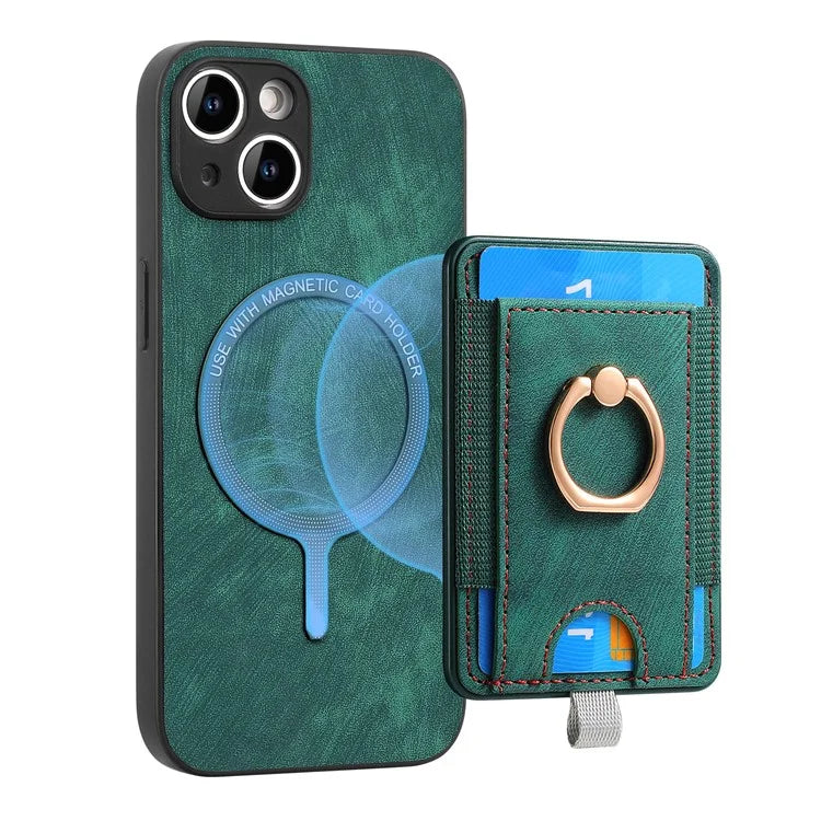 D7 For iPhone 13 6.1 inch  Magnetic Phone Case Ring Kickstand PU Leather Coated TPU Cover