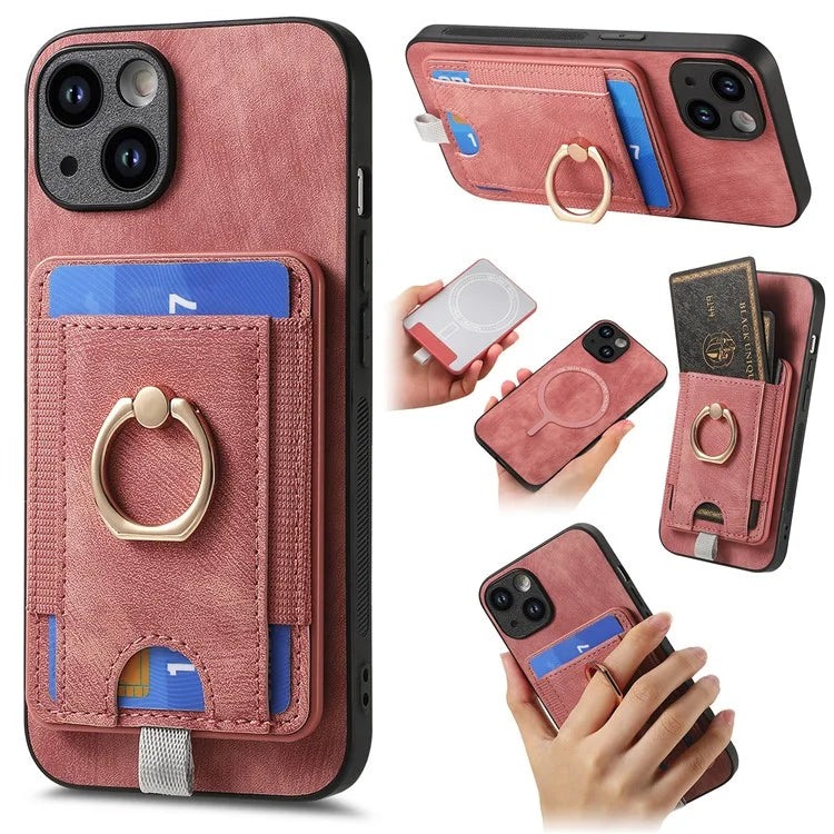 D7 For iPhone 13 6.1 inch  Magnetic Phone Case Ring Kickstand PU Leather Coated TPU Cover