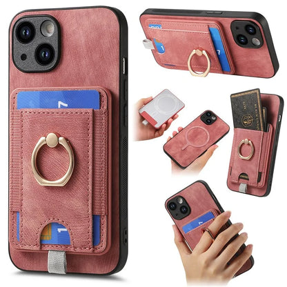 D7 For iPhone 13 6.1 inch  Magnetic Phone Case Ring Kickstand PU Leather Coated TPU Cover