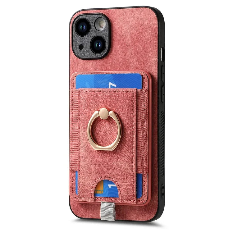 D7 For iPhone 13 6.1 inch  Magnetic Phone Case Ring Kickstand PU Leather Coated TPU Cover