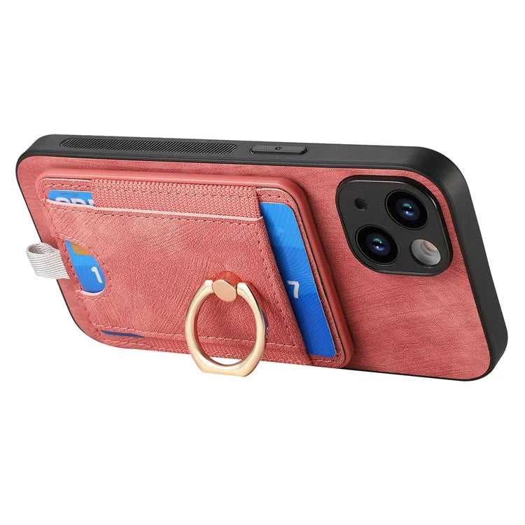 D7 For iPhone 13 6.1 inch  Magnetic Phone Case Ring Kickstand PU Leather Coated TPU Cover